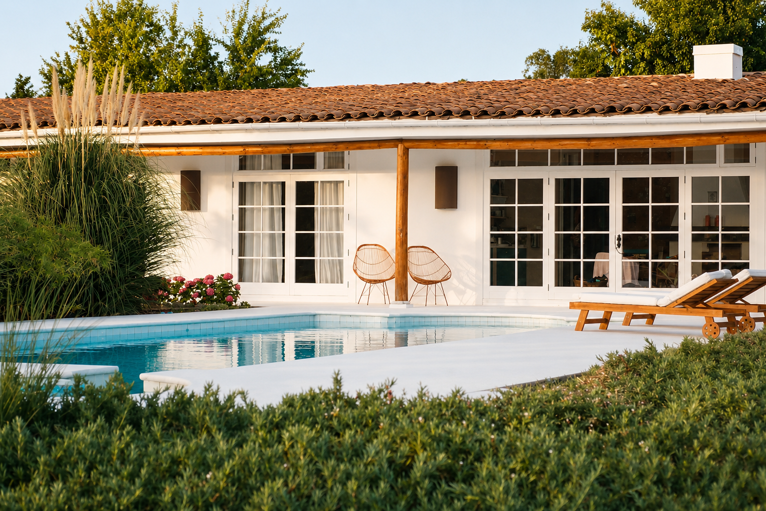 The swimming pool and surrounding garden.