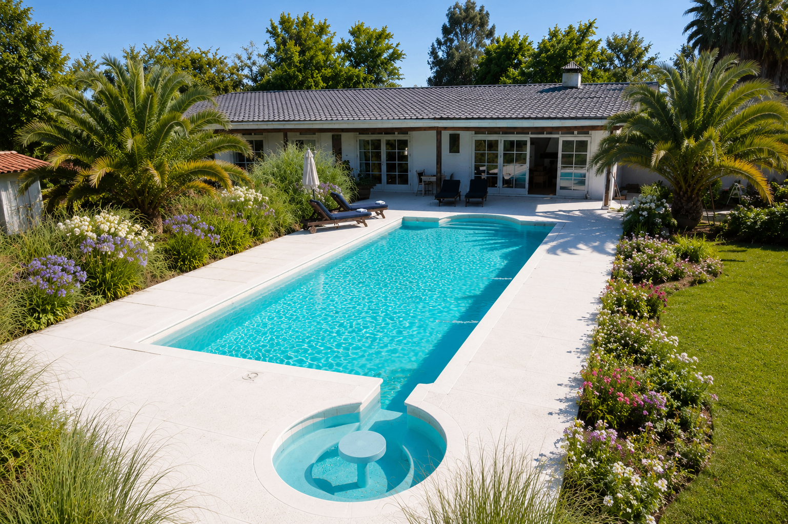 The swimming pool and surrounding garden.